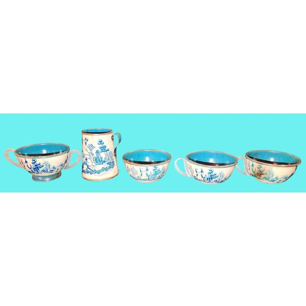 Vintage Toy Blue Willow China Tea Set Antique Metal Miniature